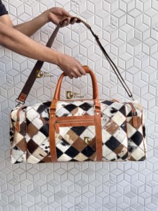 Hottest Arrival Cowhide Fur <b>Leather</b> Luggage <b>Bags</b> Checks Design Handmade <b>Bag</b> Unisex Travel <b>Bag</b> Multi Uses Big Size Duffel <b>Bag</b> - Product Image 3