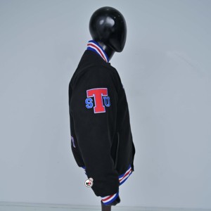 High Quality Wholesale <b>Mens</b> <b>Black</b> Varsity <b>Jackets</b> Embroidered LSU Letter Snap Button Stand Collar Striped Rib Cuffs Winter Thick - Product Image 3