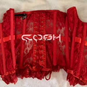 Corset sexy en dentelle rouge avec fermeture éclair sur le devant, volants sur le haut et le bas - Product Image 3