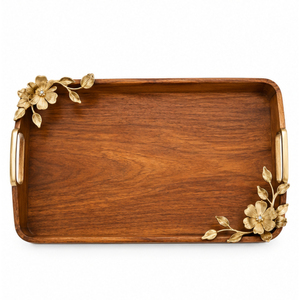 Plateau décoratif classique en bois de manguier avec accents floraux en laiton doré, plateau de service rectangulaire de luxe pour la décoration intérieure en gros - Product Image 6