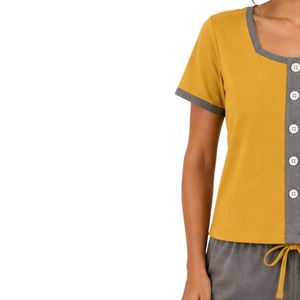 Yellow And Gray Women Two Piece Shorts Set Square Neck Button <b>Top</b> Contrast Trim Graphic Print Casual Summer Cotton Lounge Wear - Product Image 3
