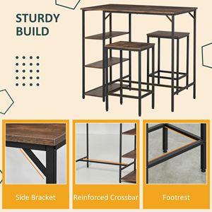 Rustic Brown 3-Piece Dining <b>Set</b> Wood Bar <b>Table</b> <b>and</b> <b>Stools</b> with Storage Shelf Space Saving Kitchen Dining Room Furniture - Product Image 5