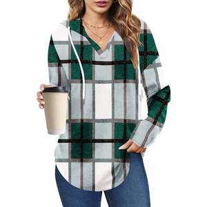 Women's Casual Green <b>White</b> Gray Plaid Checkered Long Sleeve Hoodie Pullover <b>Sweatshirt</b> with Drawstring Hood Soft Comfortable - Product Image 2