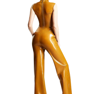 Women's Mustard PU Coated Sleeveless <b>Jumpsuit</b> High Waist Polo Collar Button Front Sexy Clubwear Bodycon Fit - Product Image 3