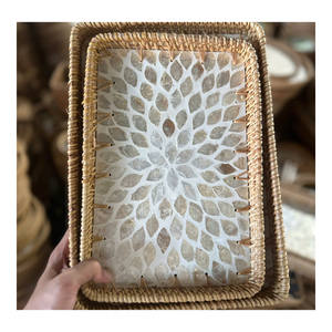 Premium Eco-Friendly Durable Rattan Woven <b>Tray</b> with Mother Pearl Inlay Handmade Fruit <b>Storage</b> <b>Tray</b> for Elegant Home Decoration - Product Image 4