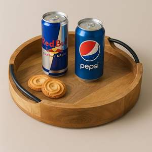 Plateau de service rond en bois de manguier brun avec poignées, plateau décoratif rustique pour table basse - Product Image 2