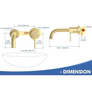 Rubinetto Monocomando a Parete per Lavabo o Vasca da Bagno, Valvola in Ottone a 2 Fori, Finitura Oro Spazzolato - Rubinetti per Lavabo - Product Image 2