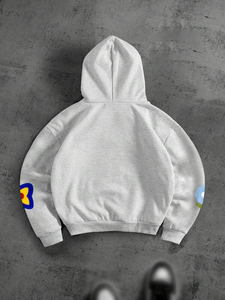 Sudadera con Capucha Extra Grande de Felpa Gruesa para Hombre, Color Gris Jaspeado, con Parche de Chenilla Bordado, Marca Privada, Otoño Invierno - Product Image 3