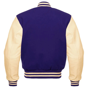 Mens Varsity <b>Jacket</b> Stand Collar Hooded Blue Body Beige Sleeves Striped Rib Knit Cuffs Custom College Team Outerwear 100% Wool - Product Image 2