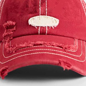 <b>Red</b> Distressed Denim Baseball Cap 6-Panel Adjustable Unisex Vintage Style Casual Hat Spring Summer Adult 58-60CM - Product Image 3