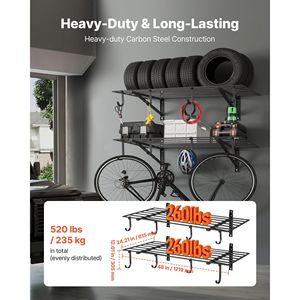 Scaffalatura a Parete in Acciaio a 2 Livelli per Garage, 2 x 4 Piedi (24 x 48 Pollici) per Ripiano, 24 Ganci, Design Flottante, Unità di Stoccaggio a Parete - Product Image 2