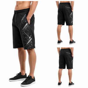 Shorts Bermuda pour Homme Noir à Imprimé Circuit, Taille à Cordon, Poches, Tenue Décontractée, Taille Mi-Haute, Tissu Tricoté Respirant - Product Image 2