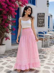 Stylish Pink Striped Bohemian 100% Cotton <b>Long</b> Maxi <b>Skirt</b> with White Crop Top Co-ord Set | Trendy Women <b>Summer</b> Resort Wear - Product Image 4