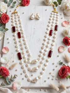 Multi-Strand Imitation <b>Pearl</b> <b>Necklace</b> <b>Set</b> Matching Earrings Long Silver Plated Indian Traditional Anniversary Red Stone Accents - Product Image 4