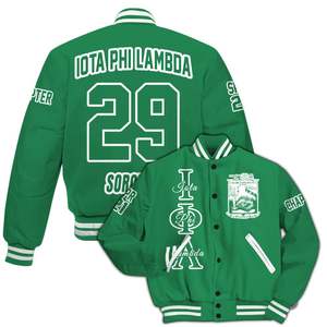 Chaqueta Universitaria Personalizada Iota Phi Lambda para Mujer, Color Verde Esmeralda Sólido, con Letras, Escudo, Número y Año, Chaqueta Bomber de la Hermandad - Product Image 4