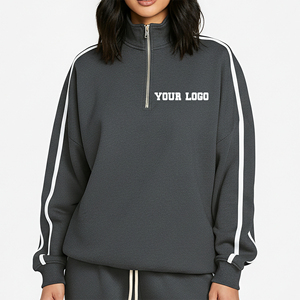 Sweat-shirt pour femme en molleton 100% coton avec logo brodé personnalisé, rayures sur les manches, respirant, épais, grande taille - Product Image 1