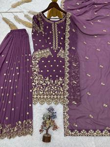 Conjunto de Túnica y Sharara Bordada de Georgette Malva, Alternativa al Traje Tradicional Eid Lawn, Diseño Pakistaní, Colección Boutique - Product Image 5