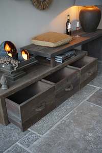 Meuble TV en bois Nero avec trois tiroirs, console multimédia rustique à longueur réglable, unité de rangement, meuble de salon - Product Image 2