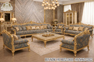 Juego de sofás de lujo estilo maharajá, estilo clásico victoriano estadounidense con hojas de oro, sofá de 7 plazas, muebles de sala de estar de madera de teca, venta en el Reino Unido. - Product Image 4