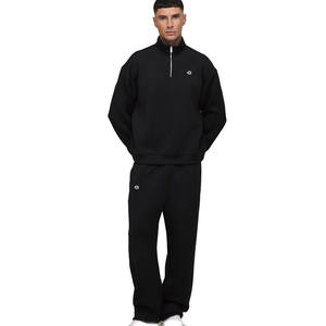 Chándal negro con media cremallera para hombre, conjunto de ropa de calle de dos piezas de lana pesada de gran tamaño, diseño minimalista personalizable de fábrica OEM - Product Image 1