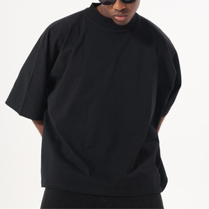 Camiseta de algodón oversize para hombre, informal, negra, de manga corta, transpirable, lisa, con cuello alto, para verano - Product Image 4