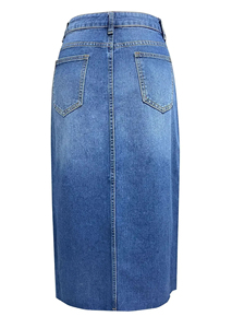 Jupe droite en jean vintage taille empire pour femme, longueur genou, couleur unie, style décontracté avec poches, en jean délavé respirant - Product Image 3