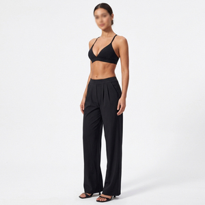 Women Fitness <b>Yoga</b> Sports 2 Piece Set Solid Black Deep V Neck Crisscross Back Spaghetti Strap Crop Top Mid Waist <b>Wide</b> <b>Leg</b> <b>Pants</b> - Product Image 1
