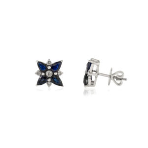 Nouveautés personnalisées : Boucles d'oreilles clous fleur en saphir bleu et diamant, or blanc 14 carats véritable, bijoux de soirée - Product Image 3