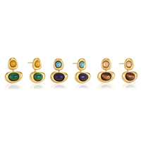 J&D Boucles d'oreilles pendantes vintage en acier inoxydable plaqué or 18 carats avec pierres naturelles Œil de tigre, Turquoise, Lapis Lazuli et Gravats, porte-bonheur, cadeau pour femme