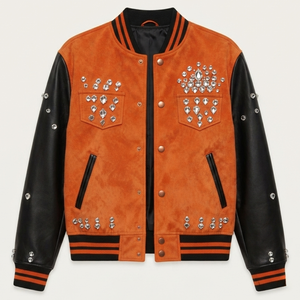 Custom <b>Suede</b> Varsity <b>Jacket</b> <b>Men</b> Real Leather Sleeves Rhinestone Crystal Studded Orange Black Baseball Bomber Streetwear Overcoat - Product Image 1