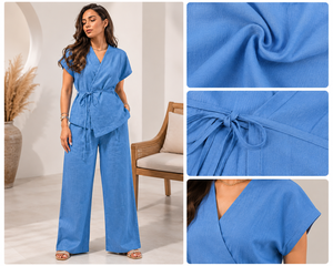 Vêtements de détente en lin pour femmes, ensemble pantalon large taille haute, haut décontracté à col en V, ensemble coordonné assorti, vêtements en lin de luxe, cadeau - Product Image 6