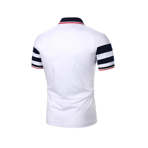 Polo homme bleu marine à rayures, manches courtes, tricoté, décontracté, avec bordure blanche et rouge. - Product Image 5