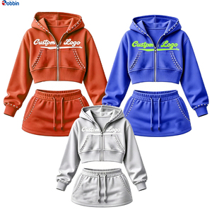 Conjunto de Ropa Deportiva para Mujer, Estilo Vintage Otoñal, con Logotipo Personalizado, Sudadera con Cierre y Pantalones Cortos con Pedrería, en Tela French Terry - Product Image 6