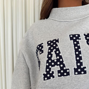 Sudadera de cuello alto extragrande para mujer, gris, con estampado de letras personalizado, manga larga, de algodón tejido, para otoño, cuello simulado - Product Image 5