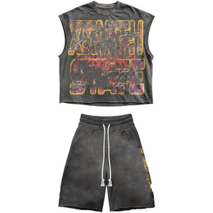 Ensemble short et débardeur en coton premium 260 GSM, gris délavé vintage, impression sérigraphique personnalisée - Product Image 1