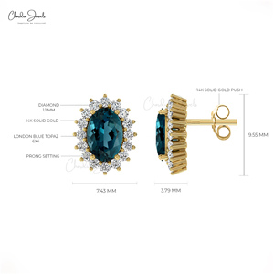 ต่างหูโทแพซสีน้ำเงินลอนดอนคุณภาพสูงขนาด 6x4 มม. ประดับเพชร G-H ขนาด 1.1 มม. ตัวเรือนทองคำแท้ 14k งานละเอียดอ่อน เหมาะสำหรับงานแต่งงาน ขายส่งเครื่องประดับ - Product Image 4