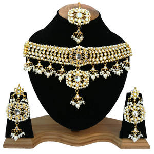 Ensemble de bijoux choker Kundan de style Bollywood classique, collier et boucles d'oreilles, plaqué argent, zircon, pour mariage et fiançailles - Product Image 1