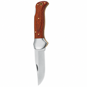 Navajas de bolsillo plegables con mango de madera marrón, hoja curva plateada, bolster metálico y remaches de latón para camping al aire libre y uso diario - Product Image 5
