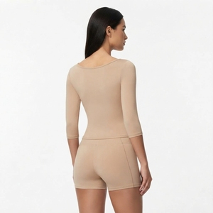 Conjunto de Yoga de 2 Piezas para Mujer, Cuello Redondo, Manga Tres Cuartos, Pantalones Cortos de Cintura Alta, Color Sólido, Sin Costuras, Spandex, Poliéster - Product Image 4