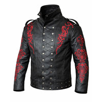Veste en cuir gothique noire pour homme avec broderie rouge, col montant, double boutonnage, coupe ajustée, pour l'hiver