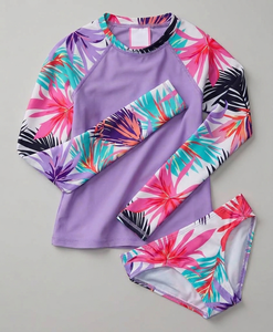 Custom Girls <b>Long</b> <b>Sleeve</b> Rash Guard Swimsuit Tropical Sublimated <b>Sleeves</b> <b>Bikini</b> Bottoms Set UPF 50+ Wholesale - Product Image 1