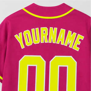 Camiseta de Béisbol Rosa Personalizada con Ribete Amarillo, Nombre Personalizado en la Espalda, Diseño Unisex para Adultos, Ropa Deportiva de Secado Rápido - Product Image 4