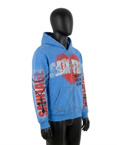 Custom Y2K Streetwear Rhinestone Zip Hoodie Men Heavyweight 100% Cotton Winter Saintage Print Acid Wash Graphic Hoodie - Product Image 3