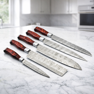 ชุดเชฟทำมือ 5 ชิ้น เหล็กดามัสกัส พร้อมด้ามไม้และปลอกหนัง ใช้งานได้ทั้งมือซ้ายและขวา ปลอดภัยสำหรับเครื่องล้างจาน - Product Image 1