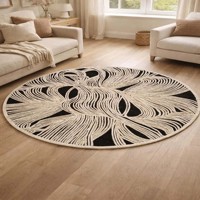 Runder Abstrakter Schwarz-Weißer Wollteppich mit Unregelmäßiger Form, Modernes Linienkunst-Design für Wohnzimmer und Schlafzimmer, Getufteter Dekorativer Teppich
