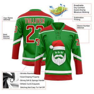 Ensembles de maillots de hockey sur glace de Noël, vert et rouge, imprimés par transfert thermique, sans manches, unisexe, adulte, 100% polyester, haute qualité - Product Image 6
