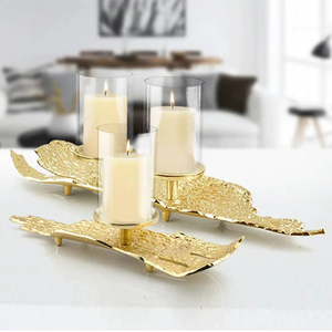Gold Textured Rectangular Double <b>Candle</b> Holder <b>Tray</b> Metal Decorative Stand With Acrylic Cylinders For Kitchen Dining Table Decor - Product Image 5