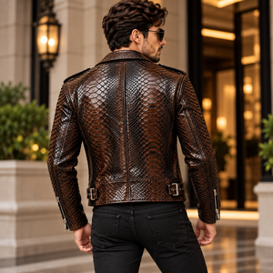 Mens Luxury Dark Brown Snake Skin Leather Embossed Breathable Winter Zip-Up Slim Fit Stand Streetwear <b>Biker</b> <b>Jacket</b> Wholesale - Product Image 5