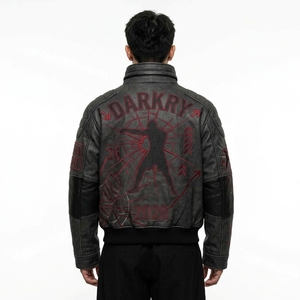 Blouson en cuir brodé à motif géométrique, col montant, fermeture éclair, style motard, pour l'automne - Product Image 2