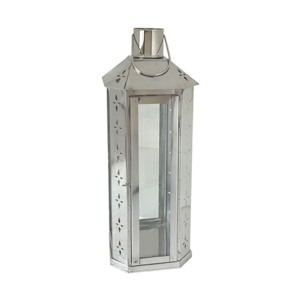 Lanterne à bougie suspendue carrée en fer poli argenté, avec poignée en corde de jute, garniture géométrique perforée et toit en dôme - Product Image 5